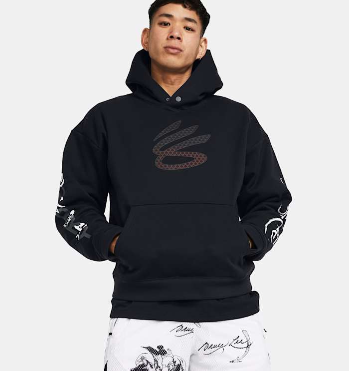 A model wears a black and red Curry Brand hoodie.